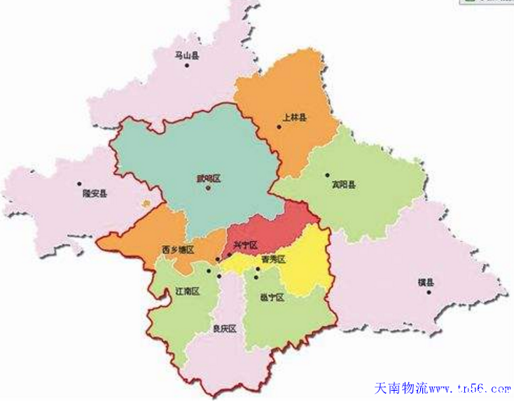 东莞到南宁市物流地图